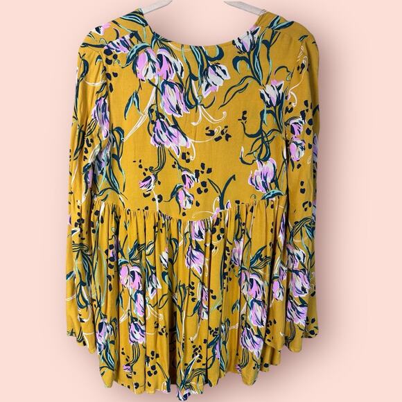 Free People Bella Golden Yellow Floral Print Tunic mini dress Size XS - Picture 3 of 5